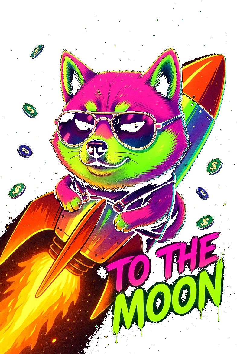 Neon Doge Rocket mascot riding a rocket
